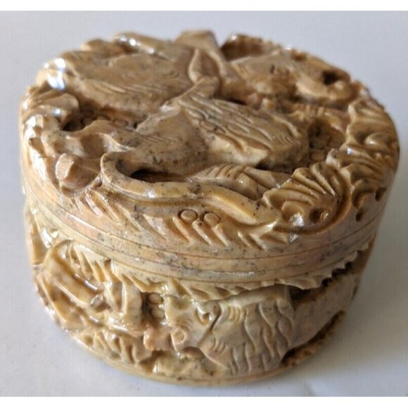 Vintage Soapstone Trinket Box Jewelry Handcrafted India Motifs Animals Lid 3*2" - Picture 2 of 6